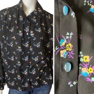 Vintage 70s Black Floral Black Purple Blouse Plus Size 2X